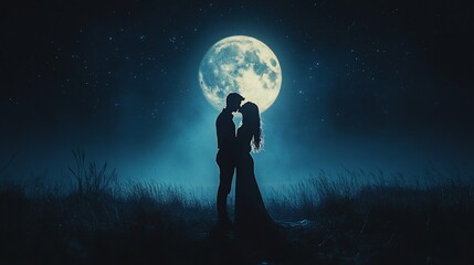 Obraz premium Couple kissing under moonlit night sky, romantic scene, love, outdoors