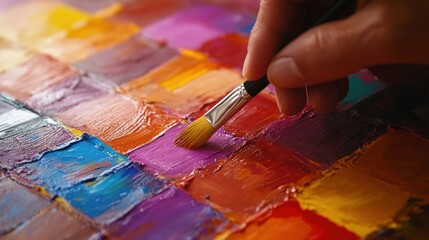 Fototapeta premium Close-up of hand mixing oil paints on palette.