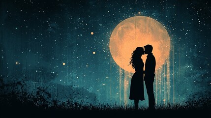 Fototapeta premium Couple kissing under moonlit night sky, romantic scene, starry background, ideal for love-themed projects