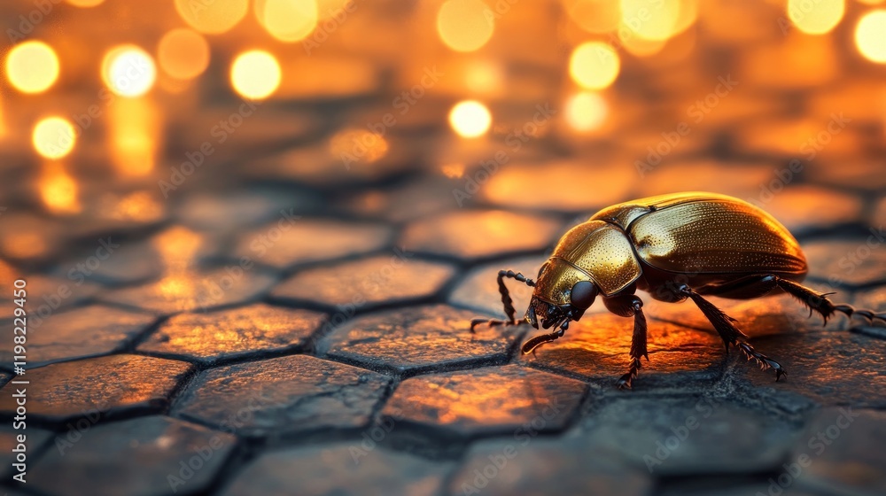 Aufkleber golden beetle on hexagonal surface with bokeh lights.