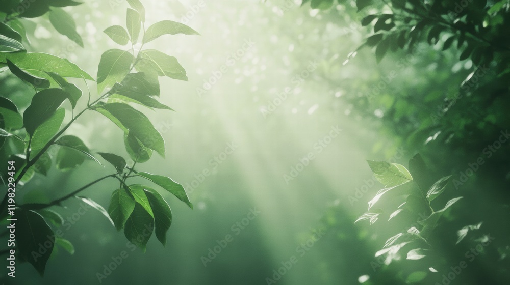 Poster sunlight filtering through lush green leaves in a tranquil forest during daylight hours. generative 