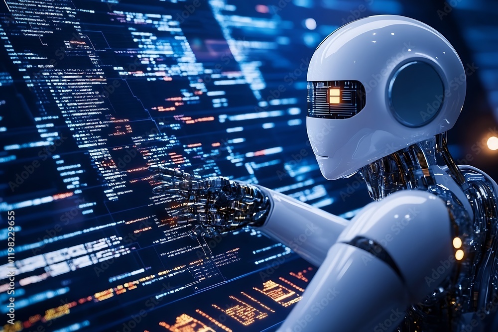 Aufkleber Robotic Technician Engaged in Digital Coding with Futuristic AI Interface and Complex Algorithms : Generative AI