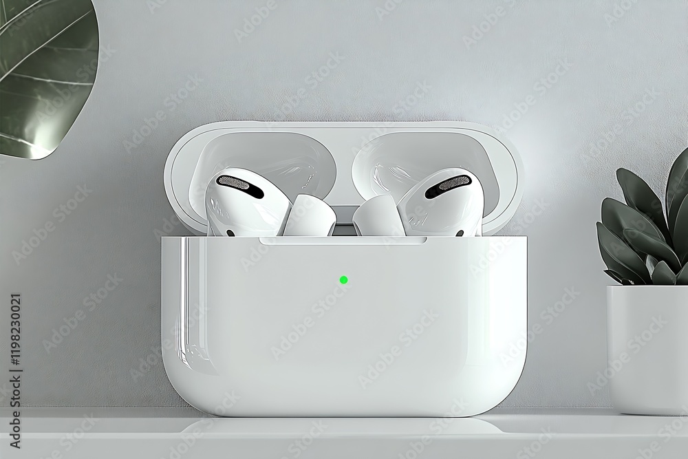 Poster wireless earbuds with charging case on elegant minimalist tabletop setting for tech enthusiasts : ge