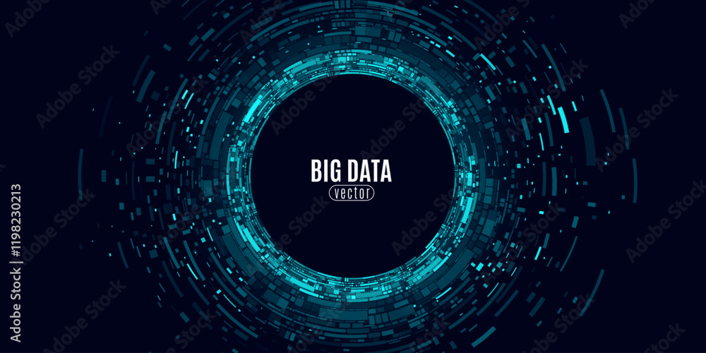 Poster digital circles of random fragments and details. information particles in a neural network. big data