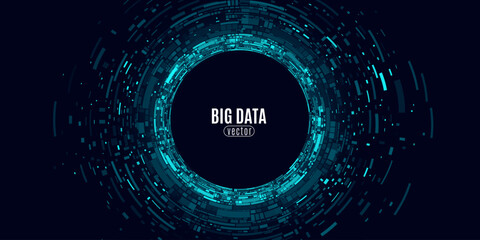 Digital circles of random fragments and details. Information particles in a neural network. Big data visualization into cyberspace. Vector illustration. EPS 10