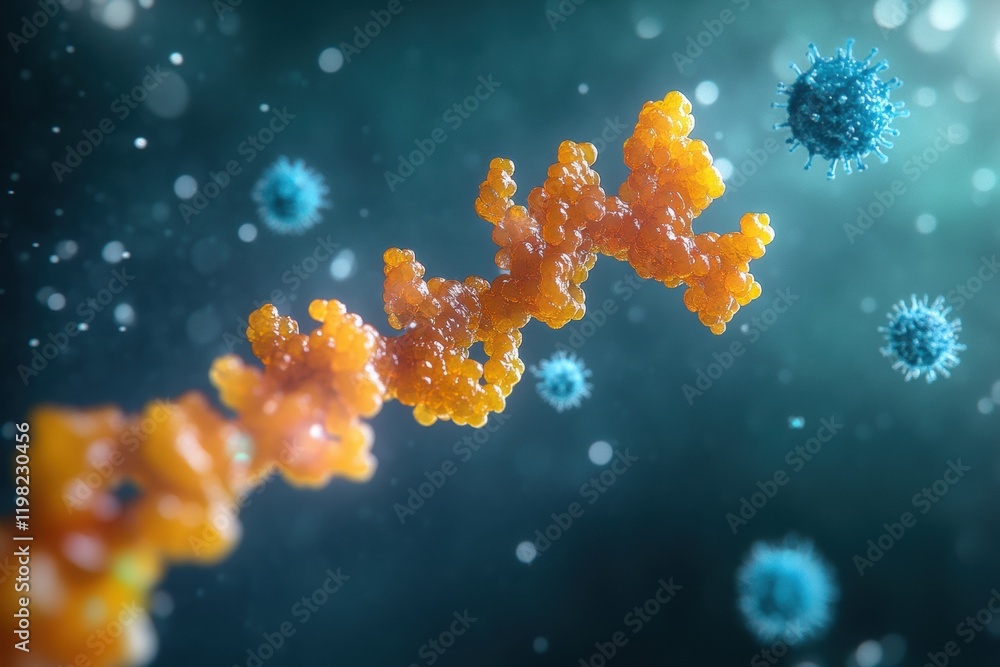 Poster detailed visualization of an rna chain with surrounding viruses in a molecular structure. generative
