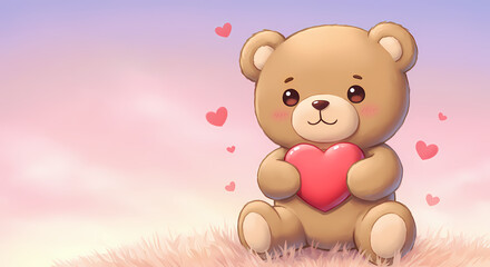 Valentine's day theme illustration background wallpaper cute teddy bear holding a heart love 