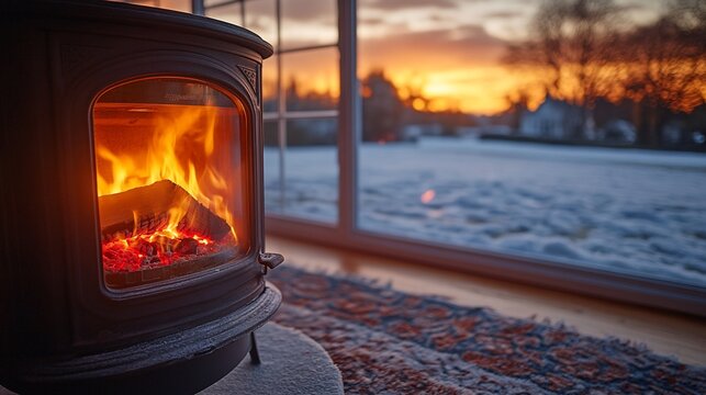 Cozy winter sunrise, wood stove warmth, snowy landscape view, home comfort