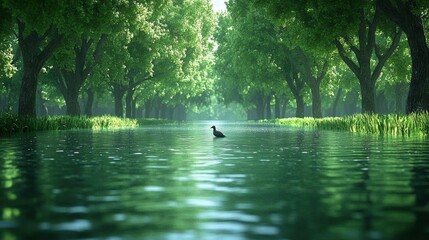 Tranquil flooded forest path with a bird wading through the calm, green water under the sunlight