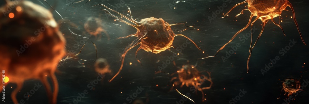 Fototapete 3d render showcasing dynamic microbes in a dark, ethereal environment with glowing textures. generat