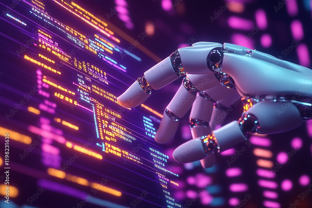 Aufkleber High-Tech Robotic Finger Programming with Vibrant Neon Code Interface : Generative AI