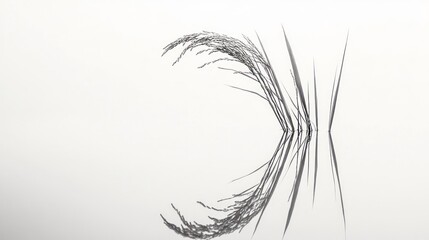 Symmetrical reflection of reeds in calm water.