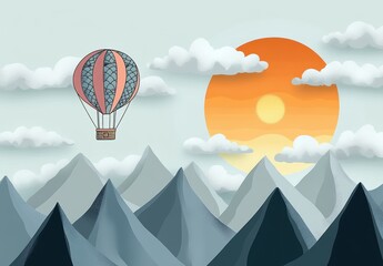 Whimsical Hot Air Balloon Illustration, Pastel Mountains, Children's Room Decor, Kids Wallpaper, Sky Art, Balloon Design, Travel Concept