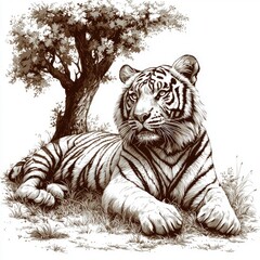 Fototapeta premium Majestic White Tiger Resting Under a Tree: A Captivating Wildlife Image