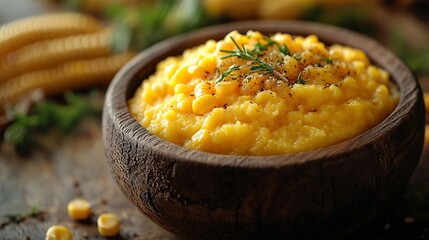 Creamy corn grits bowl, rustic kitchen setting, food blog