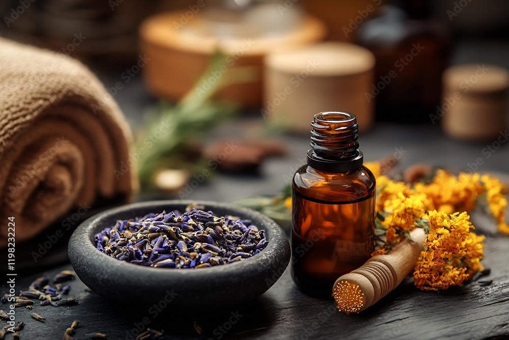 Poster aromatic essential oils and dried herbs in a tranquil spa setting for natural relaxation : generativ