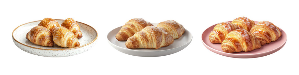 Freshly Baked Croissants on Plates against Transparent Background