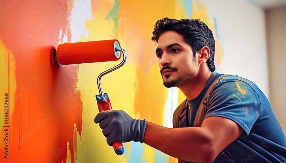 Poster male hand skillfully applying paint with a roller on a rough textured wall, creating a layered and v