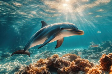 bottlenose dolphin gliding through crystal-clear tropical waters, sunbeams creating ethereal light rays, surrounded by small silver fish and coral formations