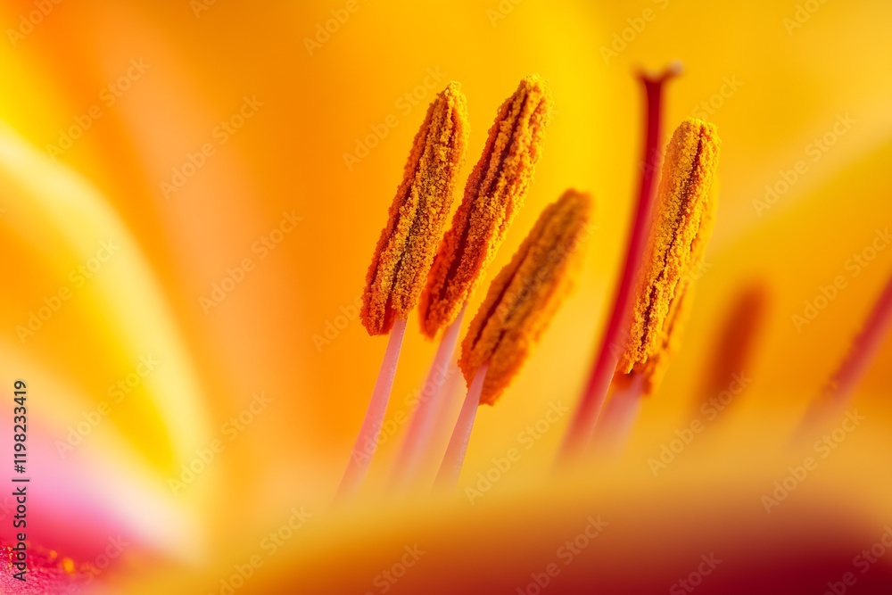 Poster vibrant macro close-up of orange lily flower stamens in bloom : generative ai