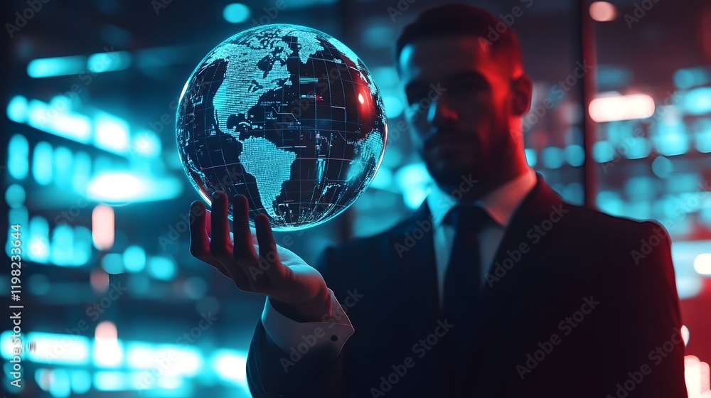 Poster man holding illuminated global data sphere