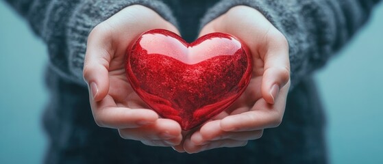 Hands Holding Glossy Red Heart on Blue Background for Health Care and Organ Donation Awareness