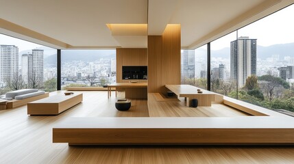 Serene Minimalist Japanese Living Room with Panoramic City View