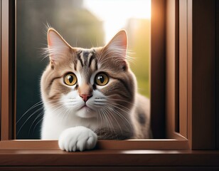 窓から顔をのぞかせるかわいい猫


