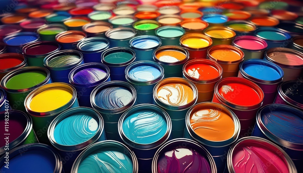 Poster vibrant display of multiple paint cans in a cluttered workspace a colorful palette awaits, ready to 