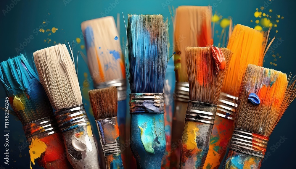 Poster wellworn artistic brushes with paint residues displaying an array of hues, depicting a collection of
