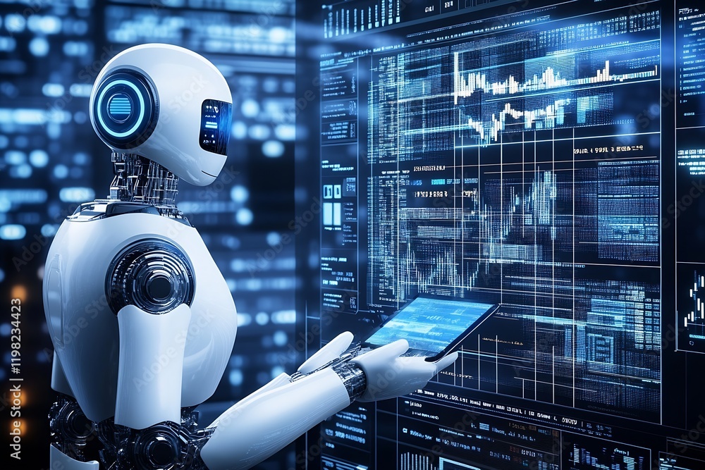Poster Futuristic Robot Analyzing Data on Digital Screen in Tech Environment : Generative AI