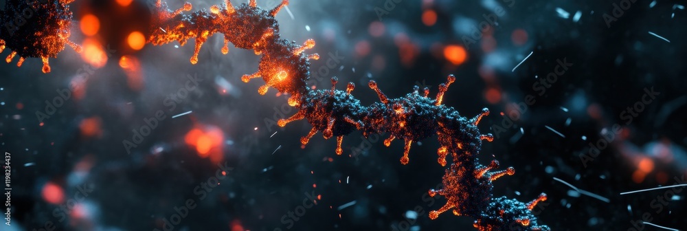 Poster close up view of molecular rna chain surrounded by viruses highlighting biological processes in a ce