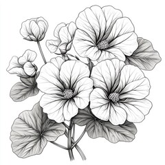 Monochrome Botanical Illustration: Exquisite Line Art of Delicate Flowers.  A stunning black and white drawing showcasing intricate details and elegant floral patterns.