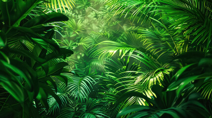 Lush green jungle with many leaves and plants. The jungle is full of life and is a beautiful and peaceful place