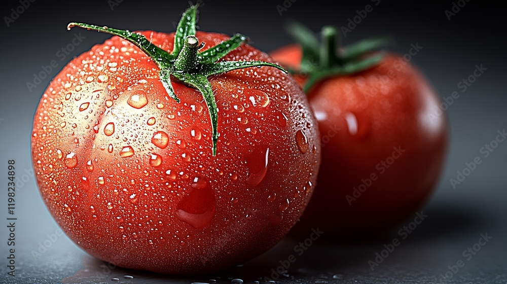Poster two freshly harvested tomatoes with dew on a dark rustic background : generative ai
