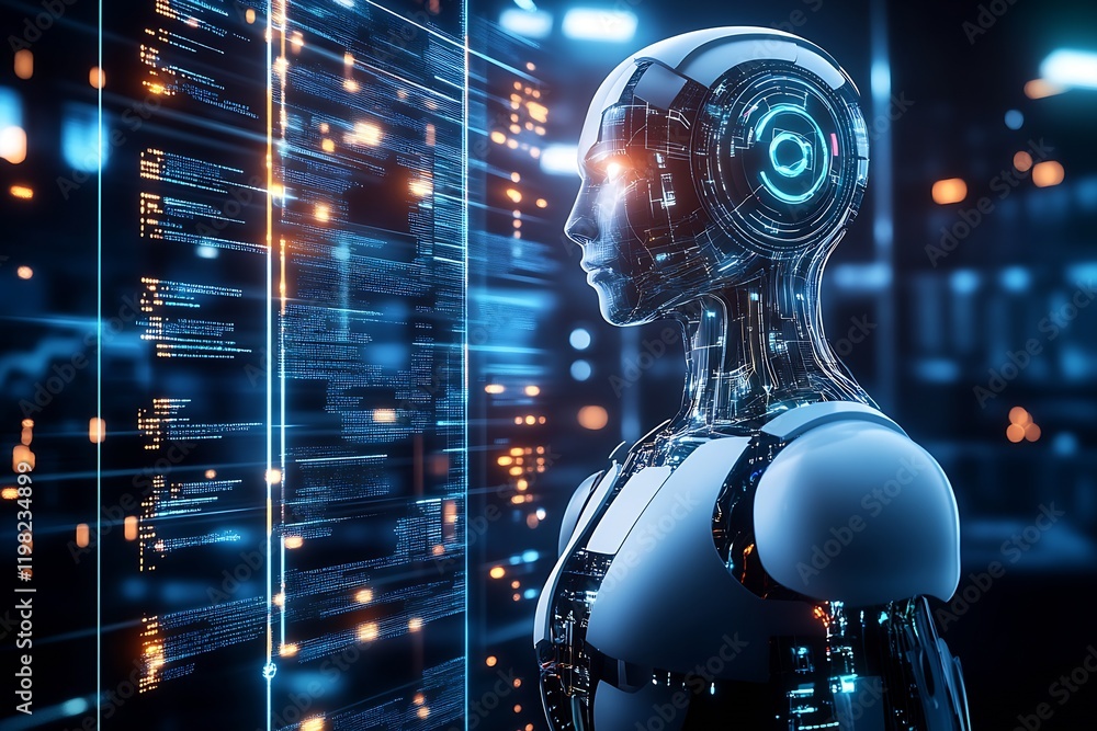 Poster Futuristic AI Robot Interacting with Digital Information Interface Portrait : Generative AI