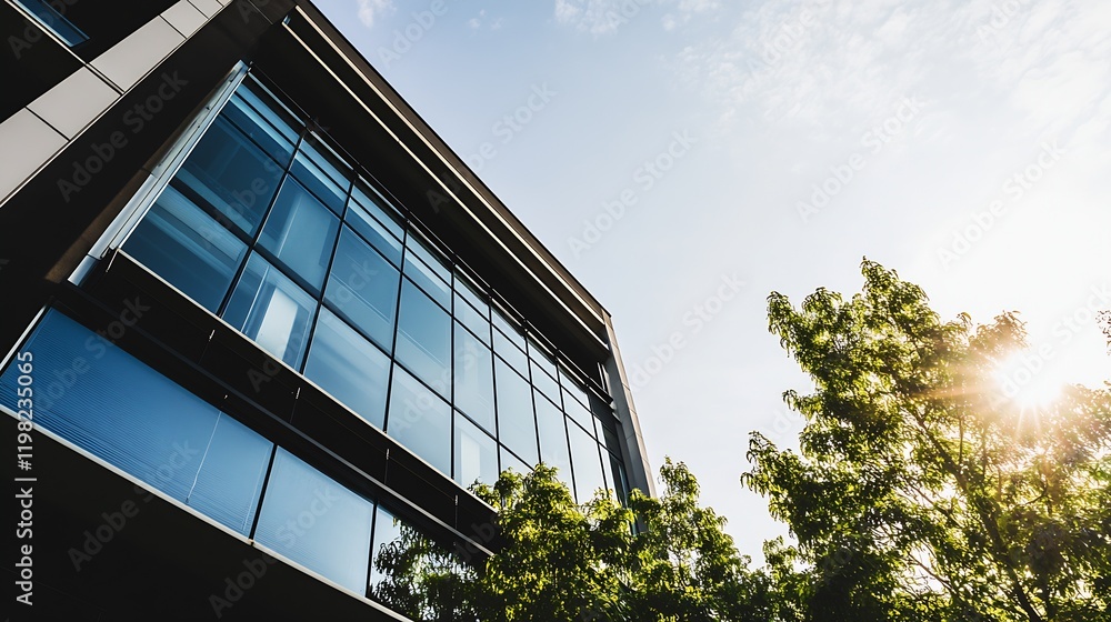 Poster urban architecture with glass facade and sunlight peeking through trees : generative ai