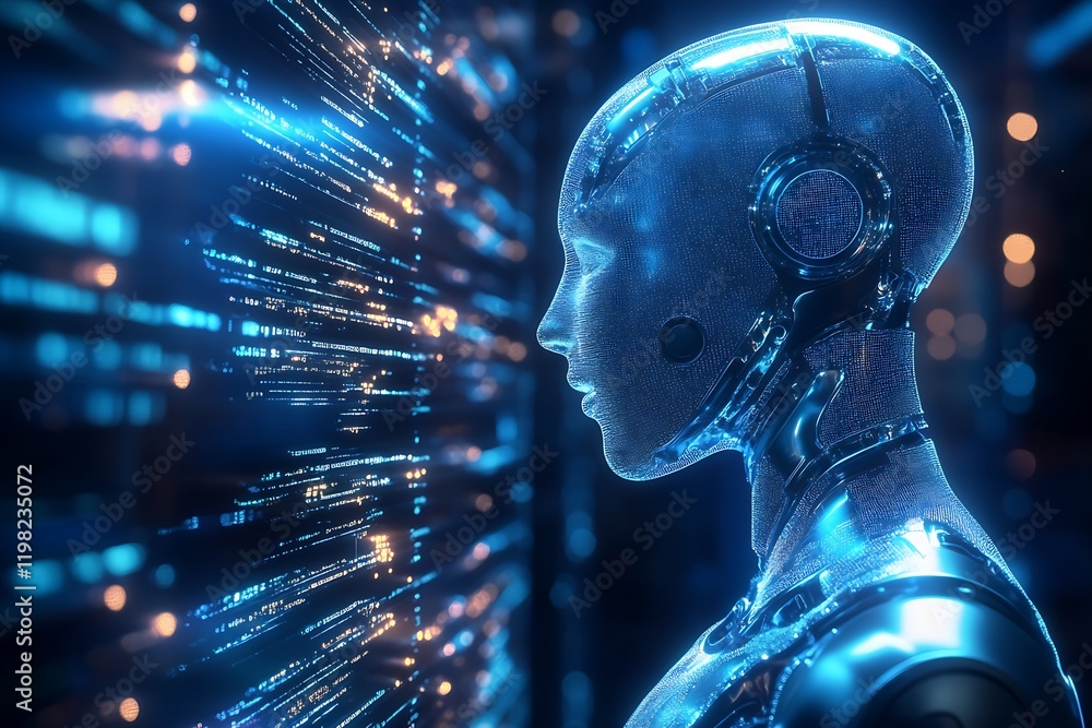 Fototapete futuristic humanoid robot interacting with digital data in virtual environment : generative ai