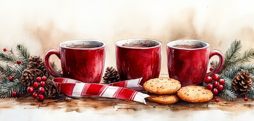 Three red cups with a red ribbon and a plate of cookies. The cups are filled with hot chocolate and the cookies are placed on a wooden table. The scene is cozy and inviting, perfect for a winter day