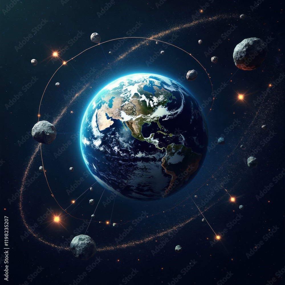 Poster earth surrounded by asteroids in a cosmic ballet a mesmerizing view of our planet's vulnerability an