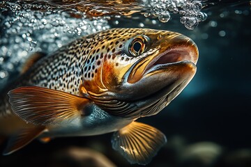 Obraz premium Lively trout fish captured underwater amidst sparkling bubbles : Generative AI