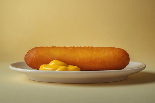 A crispy corn dog served on a white plate with a dollop of yellow mustard.