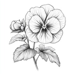 Fototapeta premium Monochrome Pansy Flower Botanical Line Art Drawing: Elegant Black and White Floral Illustration