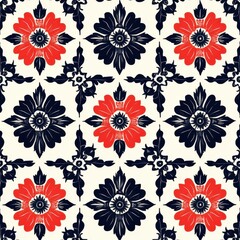 Fototapeta premium Floral Tile Pattern: Red and navy blue stylized floral design on a cream background. Seamless pattern perfect for textile prints, wallpaper, or home decor. 