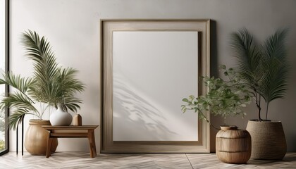 Detailed Close Up of Mockup Frame in Living Room Interior Background with 3D Render, Showcasing Modern Decor and Warm Ambiance