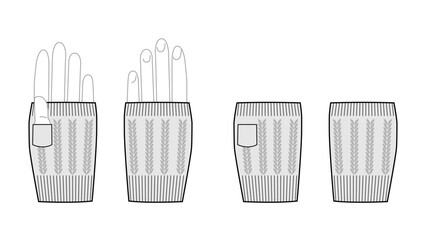 Gloves Fingerless Knit Wool Short length Fashion hand accessory clothing technical illustration garment. Vector front palm back view for Men, women style flat template CAD mockup sketch outline