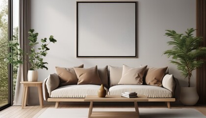 Fototapeta premium Detailed Mockup Frame CloseUp in a Cozy Living Room Interior with a Striking 3D Render, Showcasing Modern Decor and Rich Textures Against an Elegant Background.