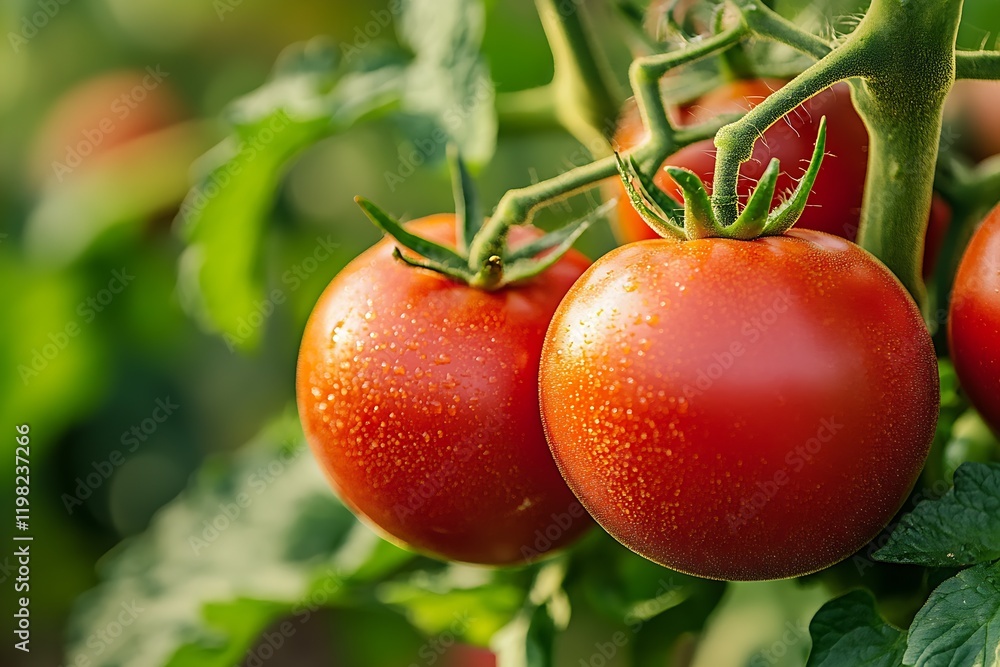 Poster vibrant red tomatoes on the vine in lush garden setting with morning dew : generative ai