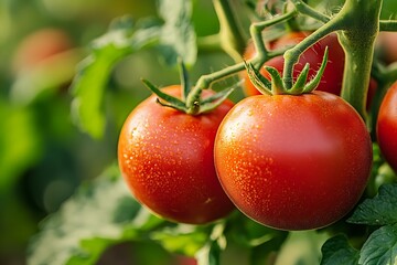 Vibrant Red Tomatoes on the Vine in Lush Garden Setting with Morning Dew : Generative AI