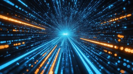 Abstract digital tunnel with blue and orange light streaks.
